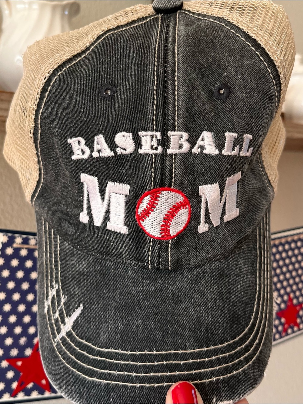 Baseball Mom Embroidered Distressed Baseball hat - Black & Tan